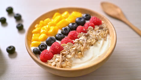 homemade yogurt bowl with raspberry, blueberry, mango and granola - healthy food style