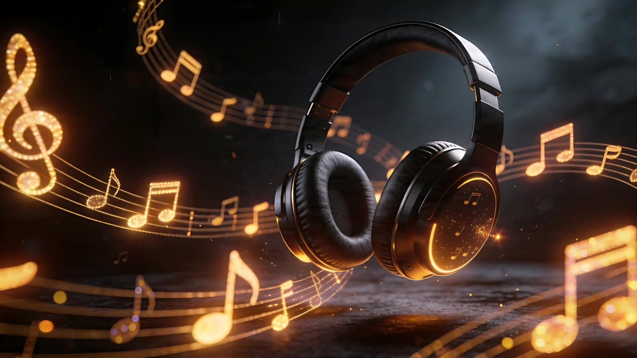 Reagindo a uma deixa musical, fones de ouvido pretos supra-auriculares girando acima de um chão brilhante, com notas douradas.