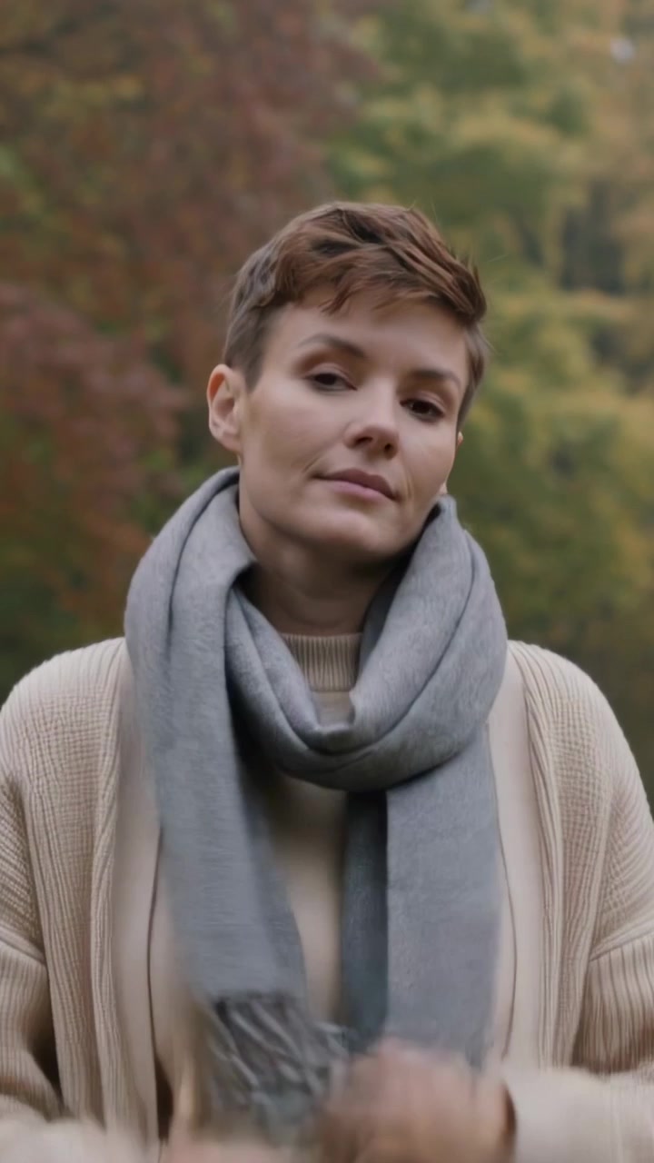 Vertikal video: Kvinde justerer gråt tørklæde og sweater efter kameraet er faldet til ro, poserer i park