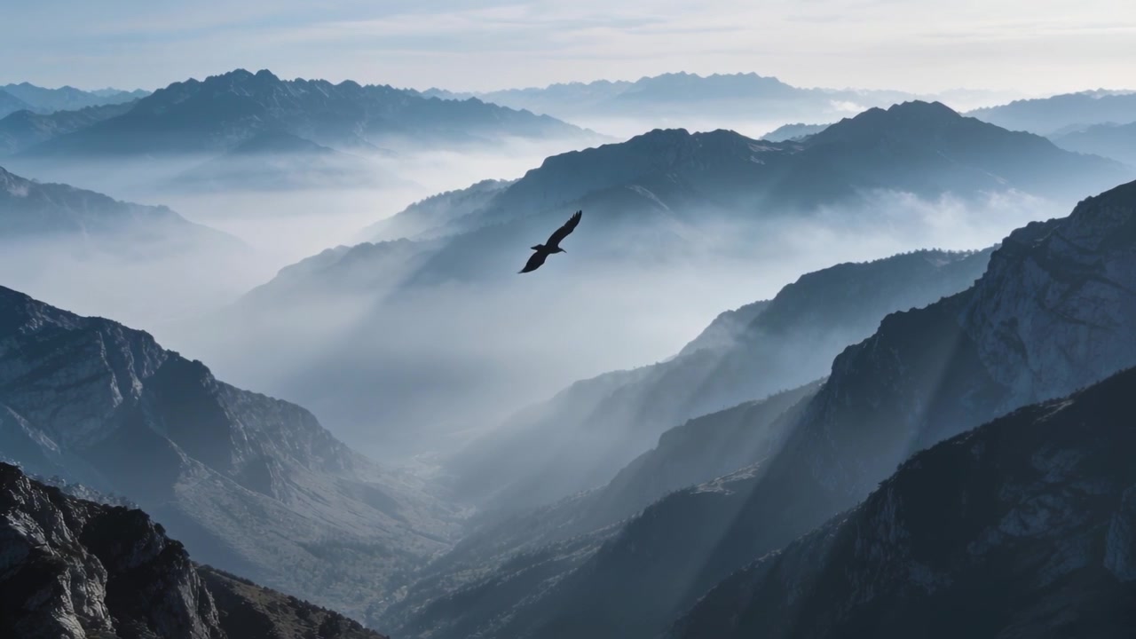 Sequence opening showing solitary raptor gliding, angling wings maintaining lift over misty ridges