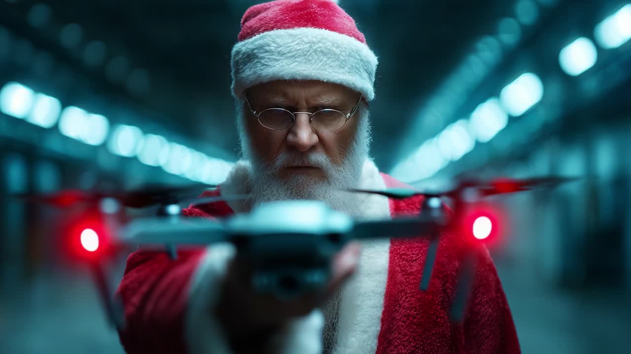 A modern Santa Claus operates a drone with precision and focus, showcasing the blend of tradition and technology in a captivating setting of soft blue lights and red accents