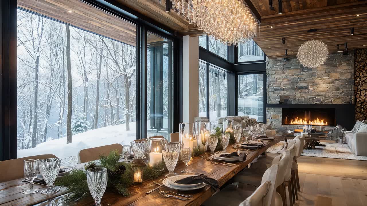 Elegant Winter Dining Room Featuring a Cozy Ambiance with a Grand Wooden Table Set for an Enchanting Gathering Surrounded by a Picturesque Snowy Landscape and Stylish Decorative Elements