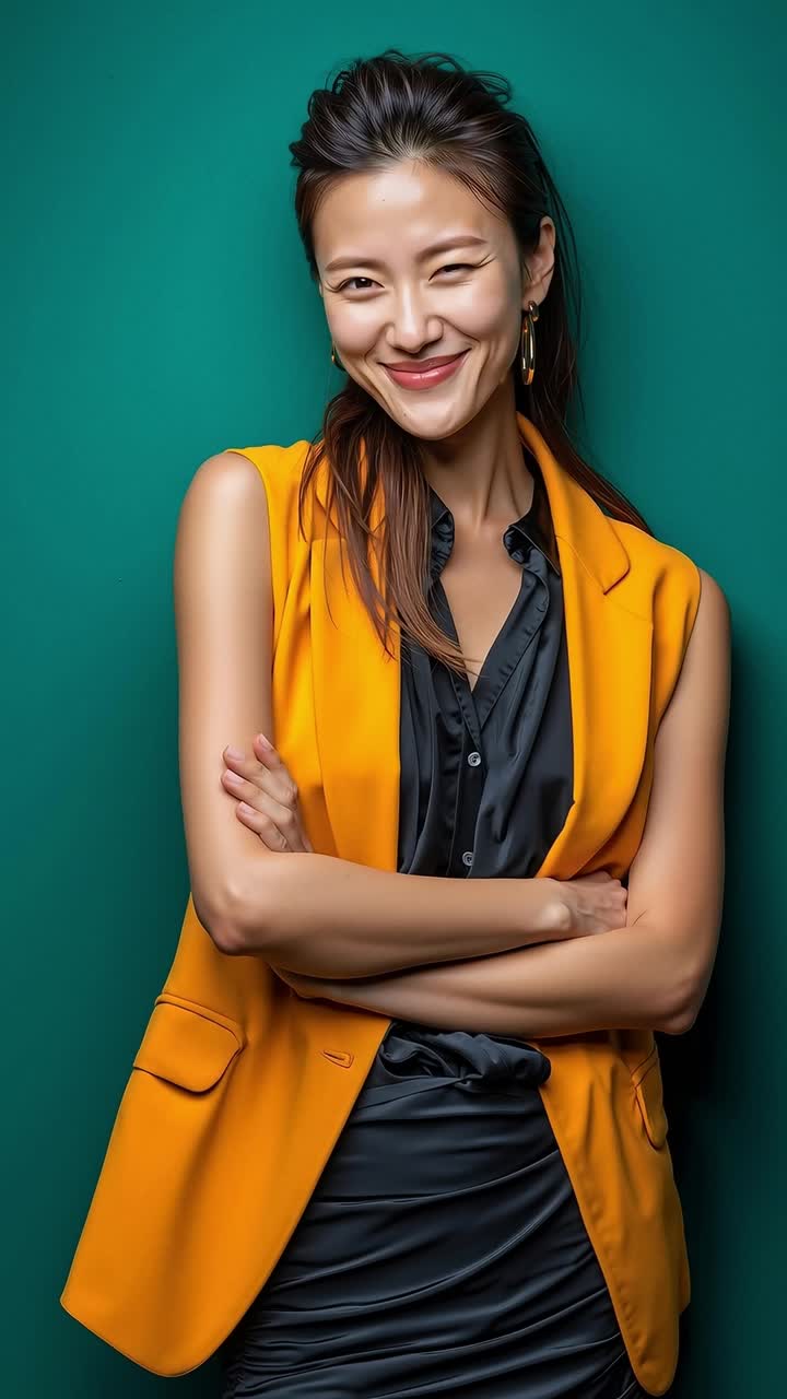 A woman in a black dress and a yellow blazer posing for a picture