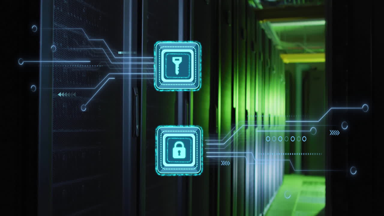 Digital security icons animation over data center servers with green lighting