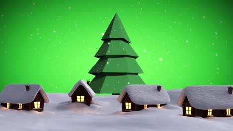 Animation-of-snow-falling-over-christmas-tree-and-houses