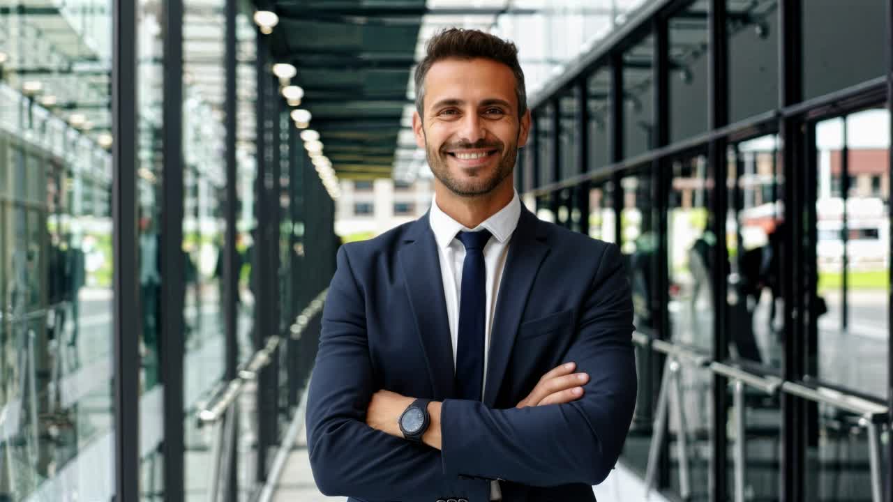 Un video professionale che mostra un uomo d'affari sicuro di sé nel corridoio di un ufficio moderno