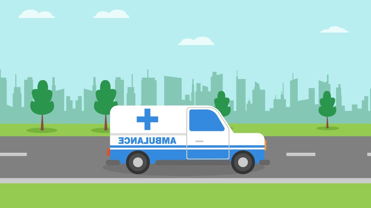 도시 공간 배경으로 움직이는 구급차