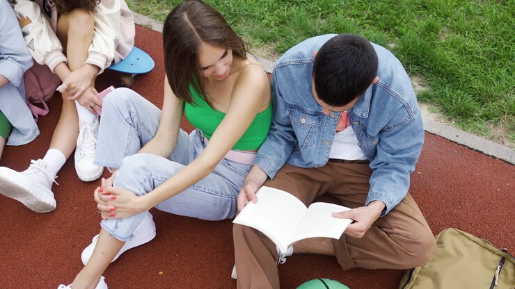 vista dall'alto degli studenti seduti sulla pista di corsa