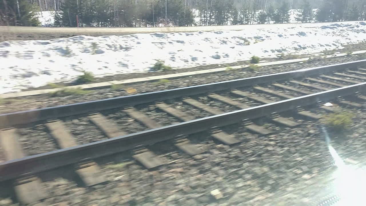 핀란드의 vuokatti에서 rovaniemi로 이동하는 열차에서 찍은 눈의 잔재로 빛 아래 반이는 철도 트랙