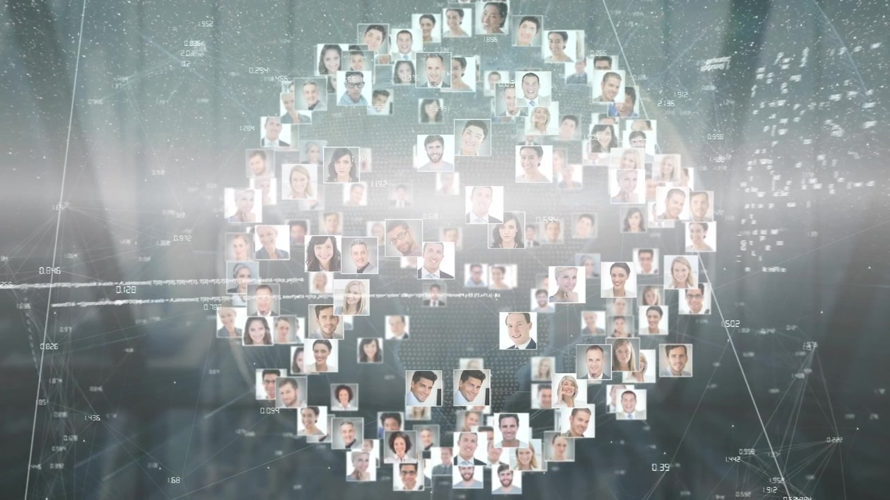 Animation of diverse people icons and data processing over cityscape