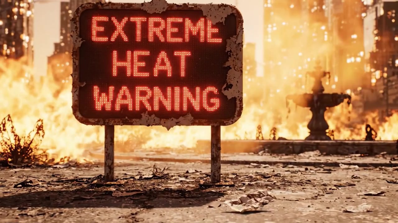 An Apocalyptic Urban Landscape with a Warning Sign Amidst Devastating Flames: Extreme Heat Alert Amidst Ruined Streets and Smoldering Ashes
