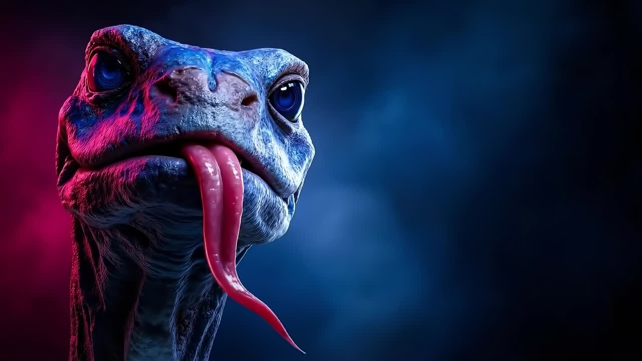 A close up of a dinosaur with its tongue out