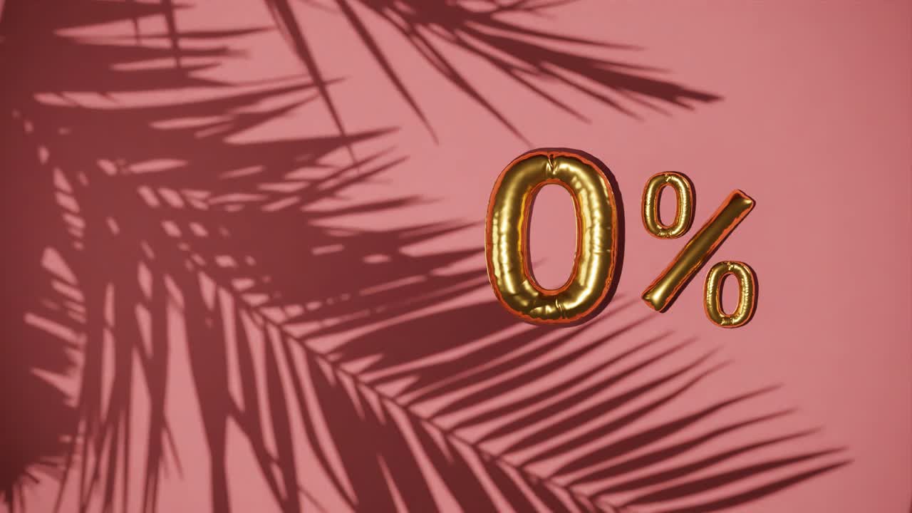 venta de descuento del 0% en fondo rojo con palma brisa suave, concepto de venta de verano de vacaciones