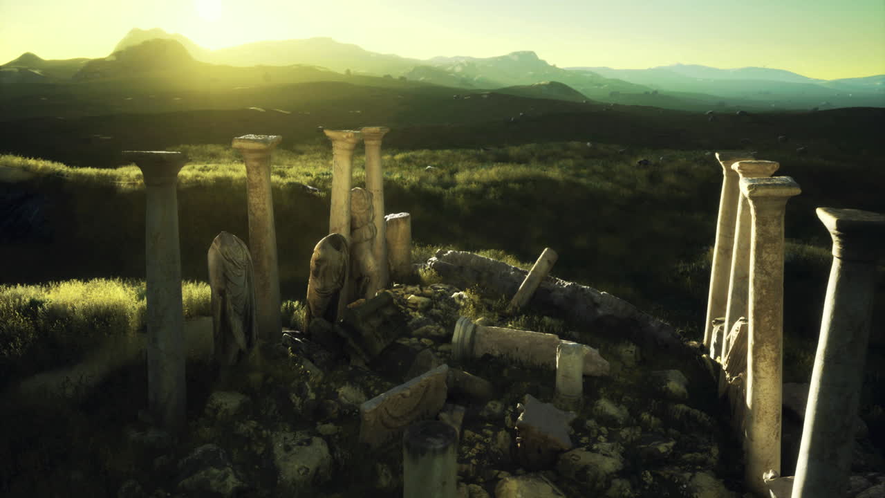 Ancient columns stand tall under a golden sunrise in a serene valley