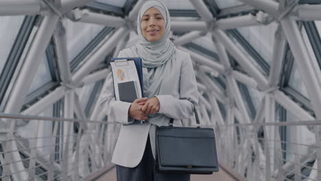 businesswoman on a modern city bridge