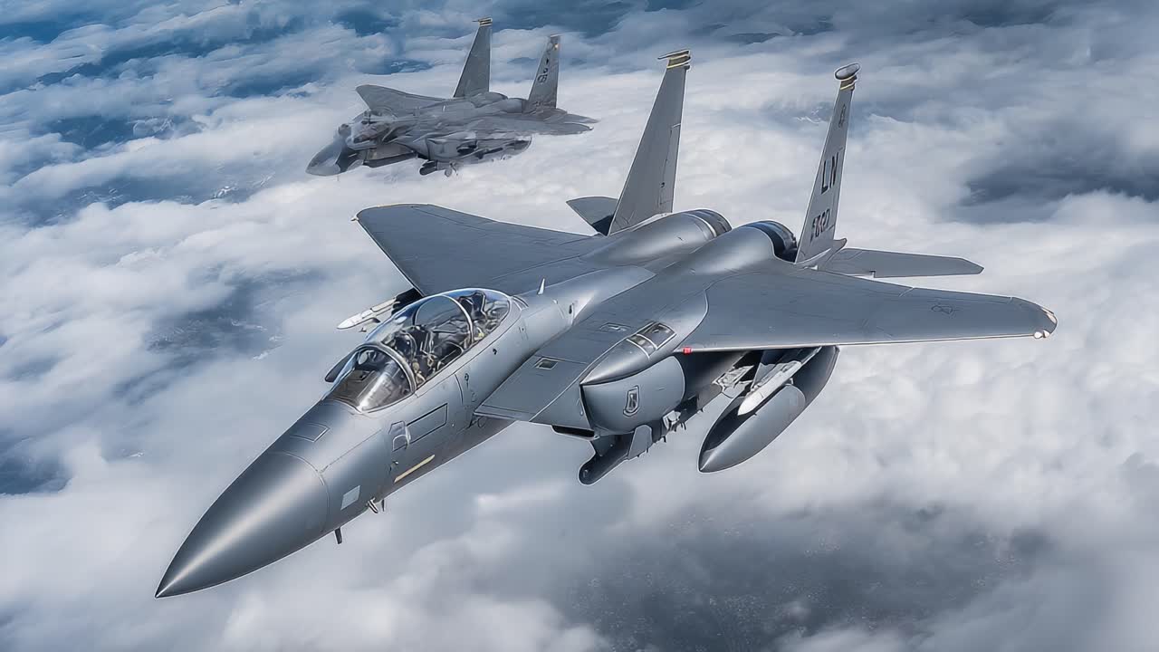 Spettacolare esibizione aerea di aerei militari: Caccia F-15 che sorvolano con grazia le nuvole in un'elegante danza di potenza e precisione