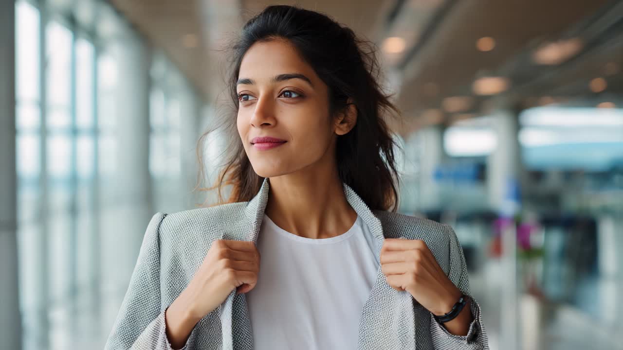 Confident and Poised Woman in a Professional Setting, Exhibiting Style and Grace while Engaging with Her Surroundings, Captured in a Modern Space with Glass Windows and Soft Lighting