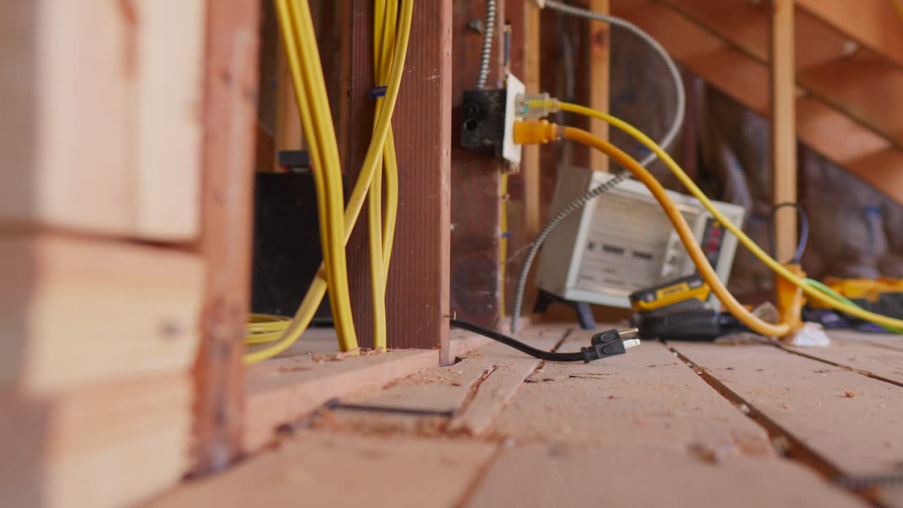 A low angle shot of two cables plugged into an electrical outlet on the floor of a construction site, emphasizing the outlet's connection and the rugged construction setting