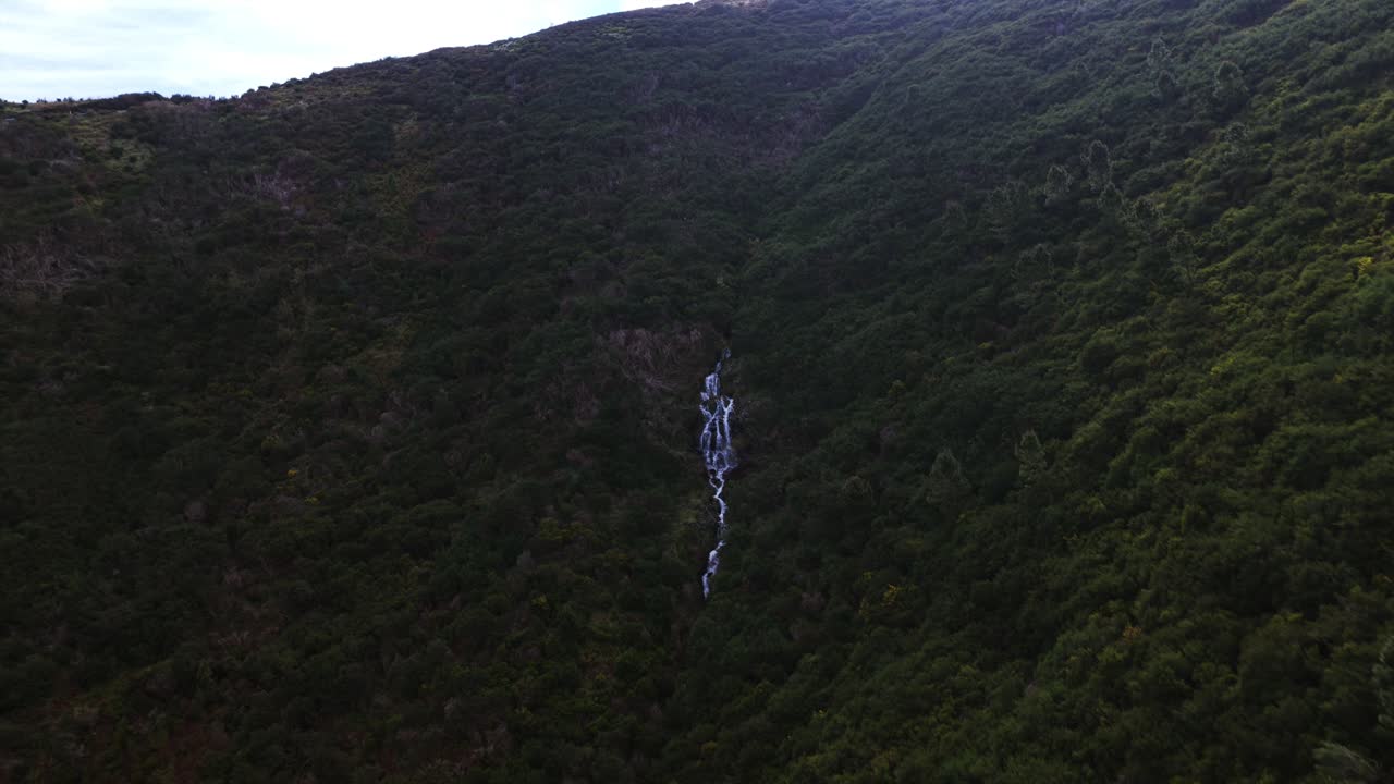 Waterfall flowing down steep, mountain slope in Pico Fernandez region, Madeira, Portugal, Nature, wilderness. Aerial backward, copy space