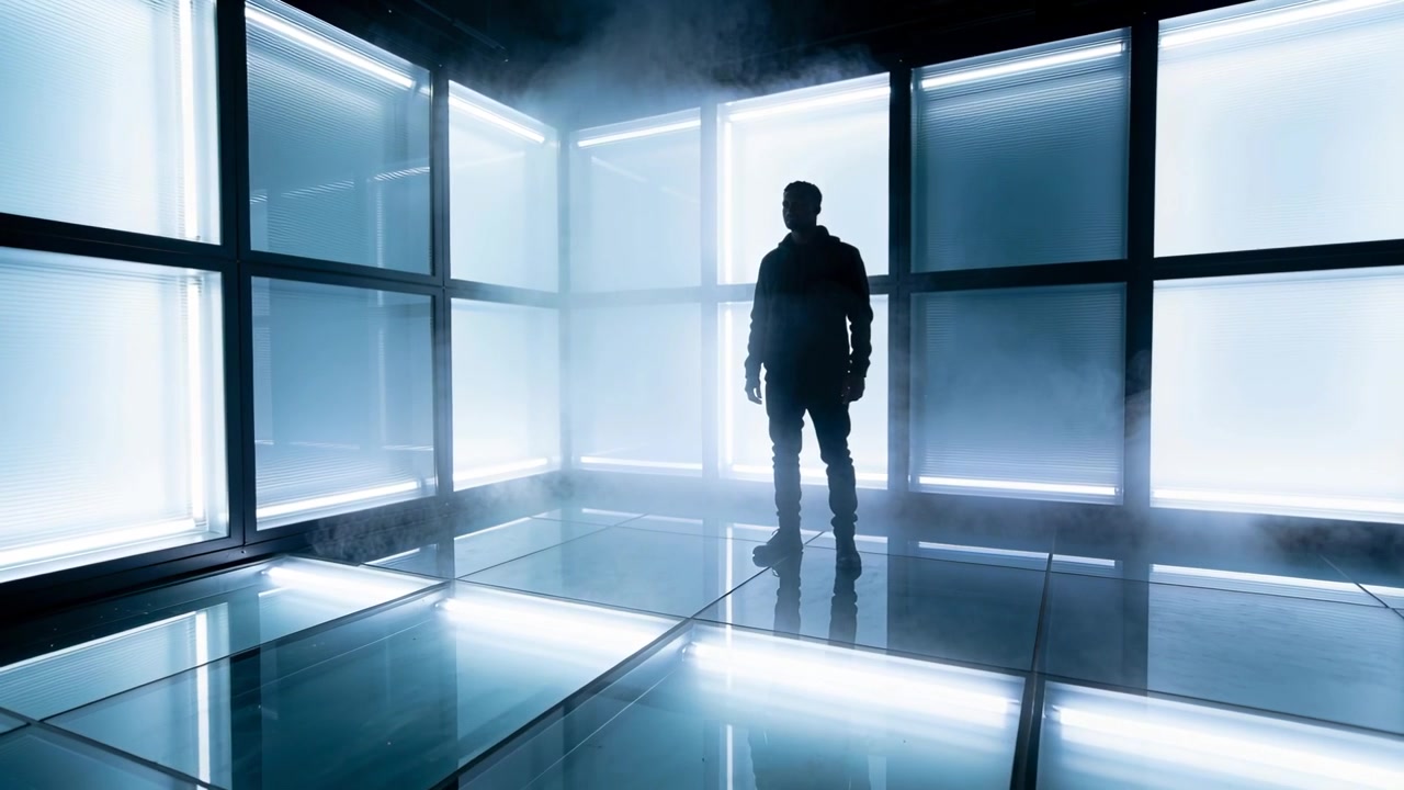 Standing man in jacket shifting weight and turning head on floor with LED strips and fog