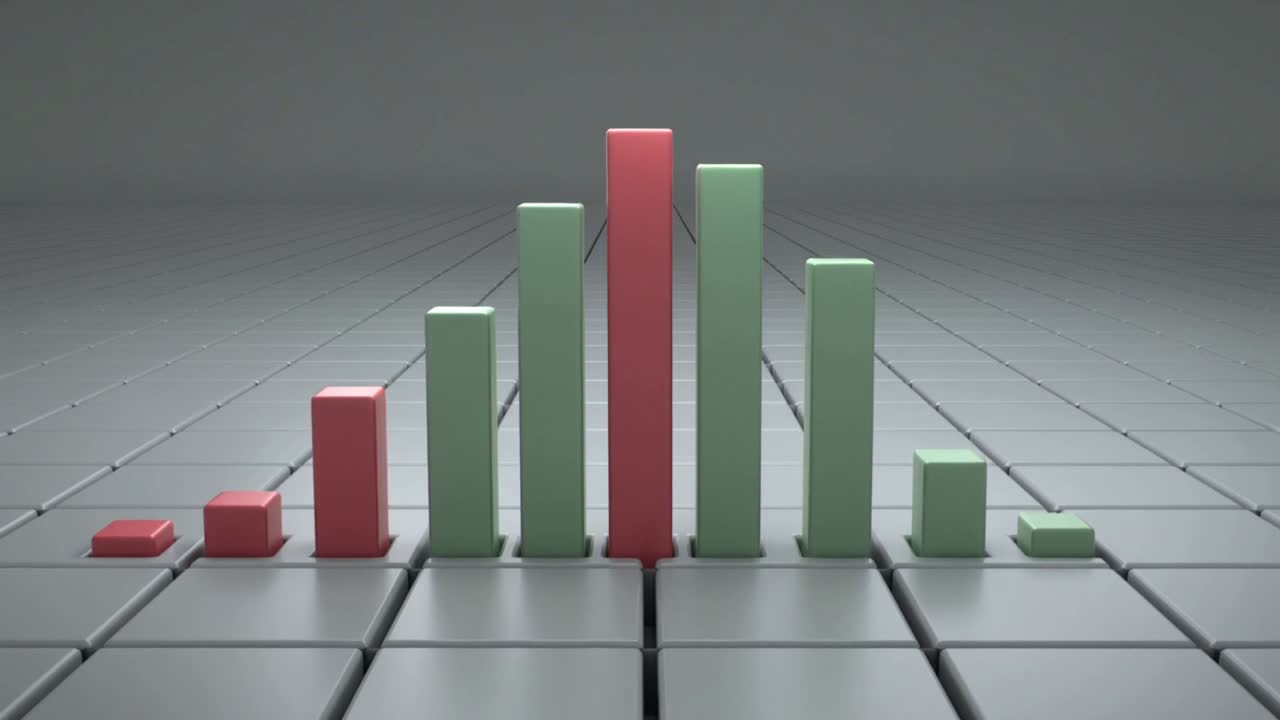 Animation starting central bar cluster rising along seam on glossy tiles, green overtaking red