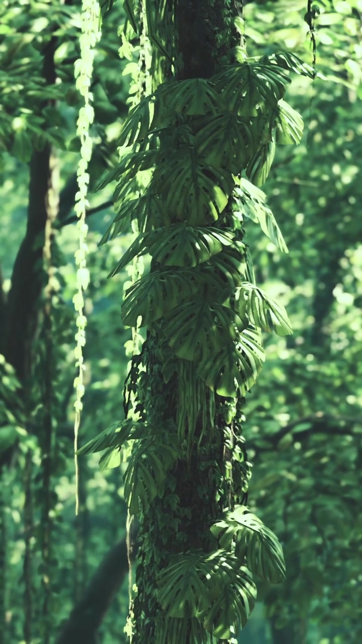 Piante verdi lussureggianti si arrampicano su un albero alto in una fitta foresta durante le ore diurne.