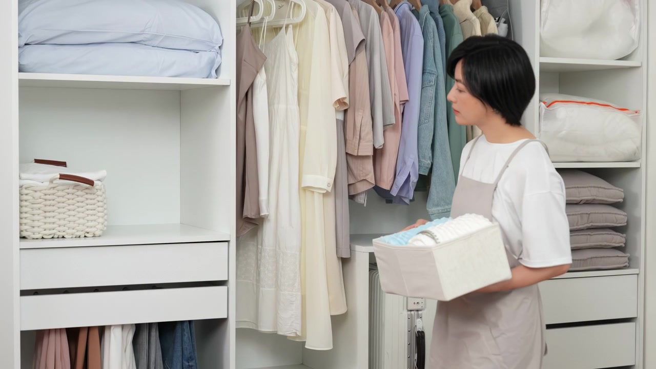Donna casalinga con grembiule che organizza e sistema con cura i vestiti, guardaroba minimalista con scomparti in tessuto, piegando e disponendo i capi per ordine, pulizia e conservazione efficiente.