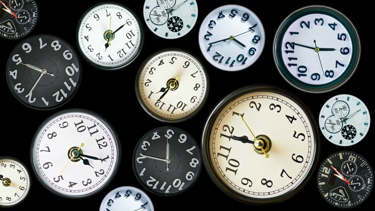 Various clock in one frame time lapse. Time concept footage made of real, different clock faces. Showing different time on black background. 4k.