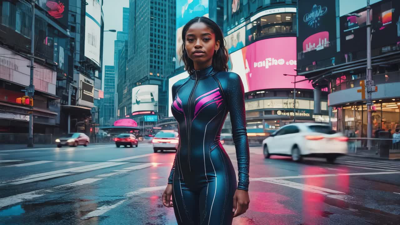 Kvinde i futuristisk dragt på en neonoplyst bygade