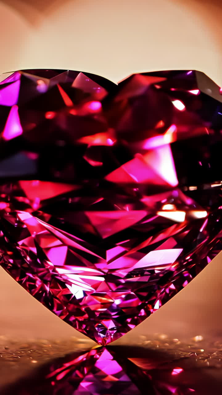 A large pink diamond is sitting on a table. The diamond is surrounded by a blurry background, giving it a sense of depth and importance. The image conveys a feeling of luxury and elegance Vertical video