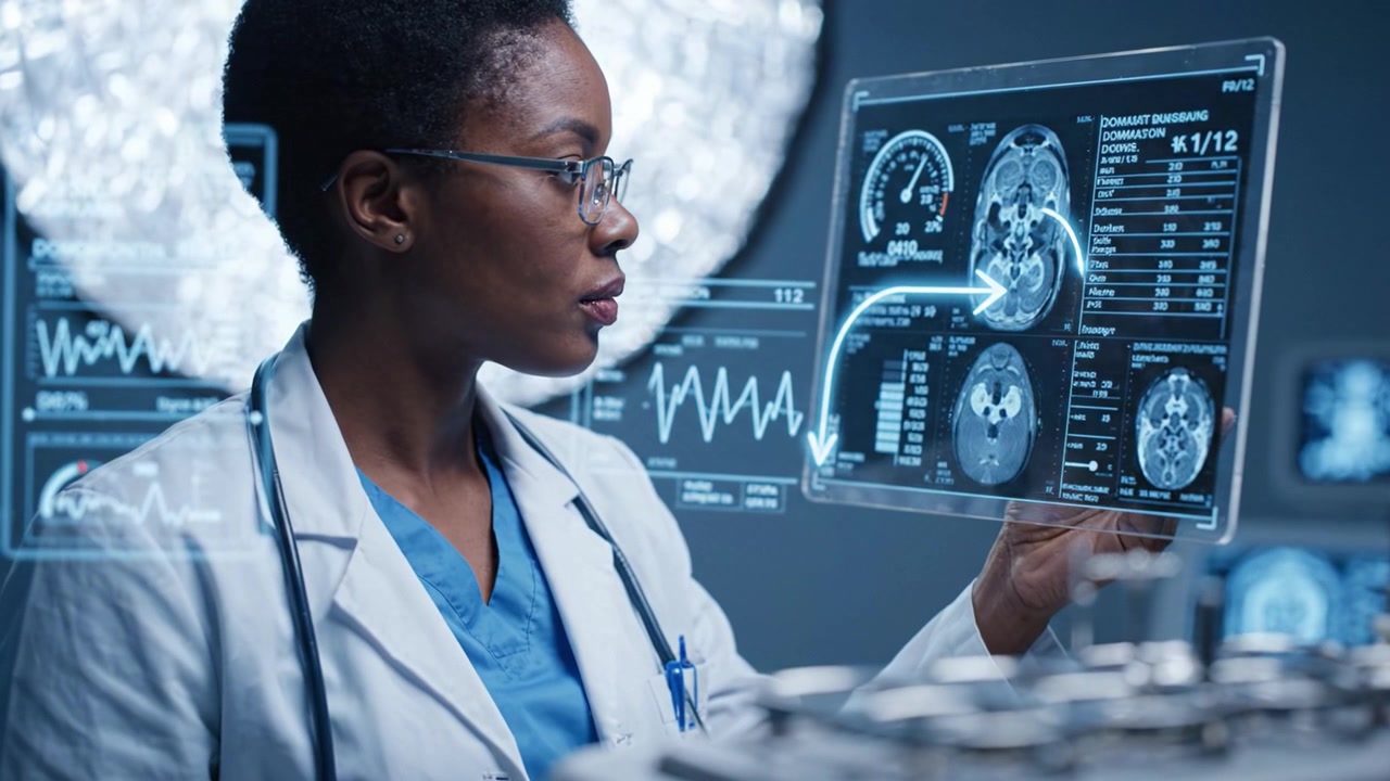 Medical Professional Analyzes Advanced Imaging Data Using Cutting-Edge Technology in Health Care, Focusing on Patient Diagnostics and Treatment Decisions