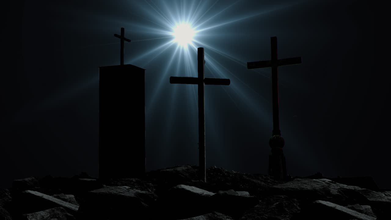 세 개의 십자가 실루엣과 밝은 별, 어두운 배경