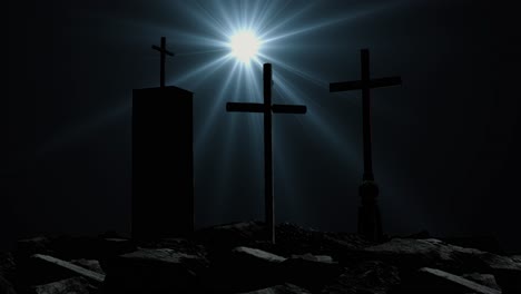 three crosses silhouette and bright star, dark background