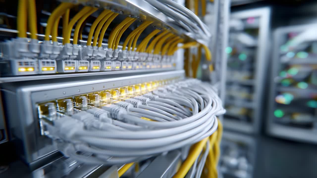 Close-Up View of Networking Equipment Featuring Yellow Ethernet Cables and Connectors in a Server Room Environment with Active Equipment Indicators