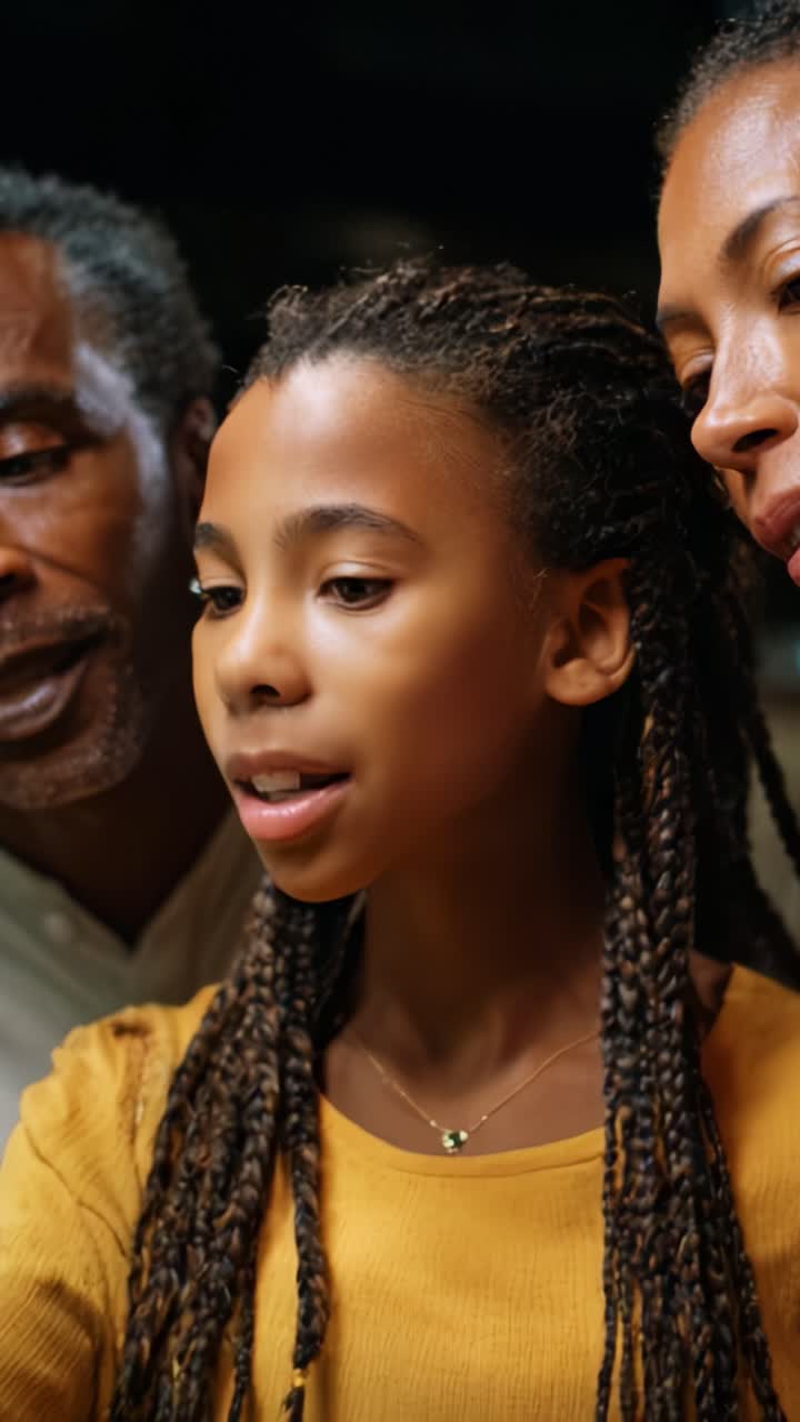 A Young Girl Engages in a Thoughtful Conversation with Two Adults, Highlighting Connection, Expression, and Emotional Interaction in a Cozy Environment