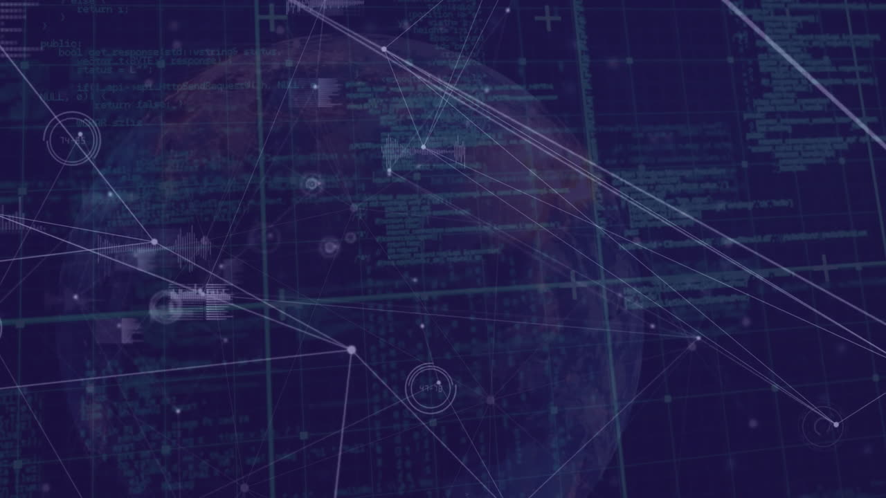 Animation of digital network connections and data visualization in dark blue theme