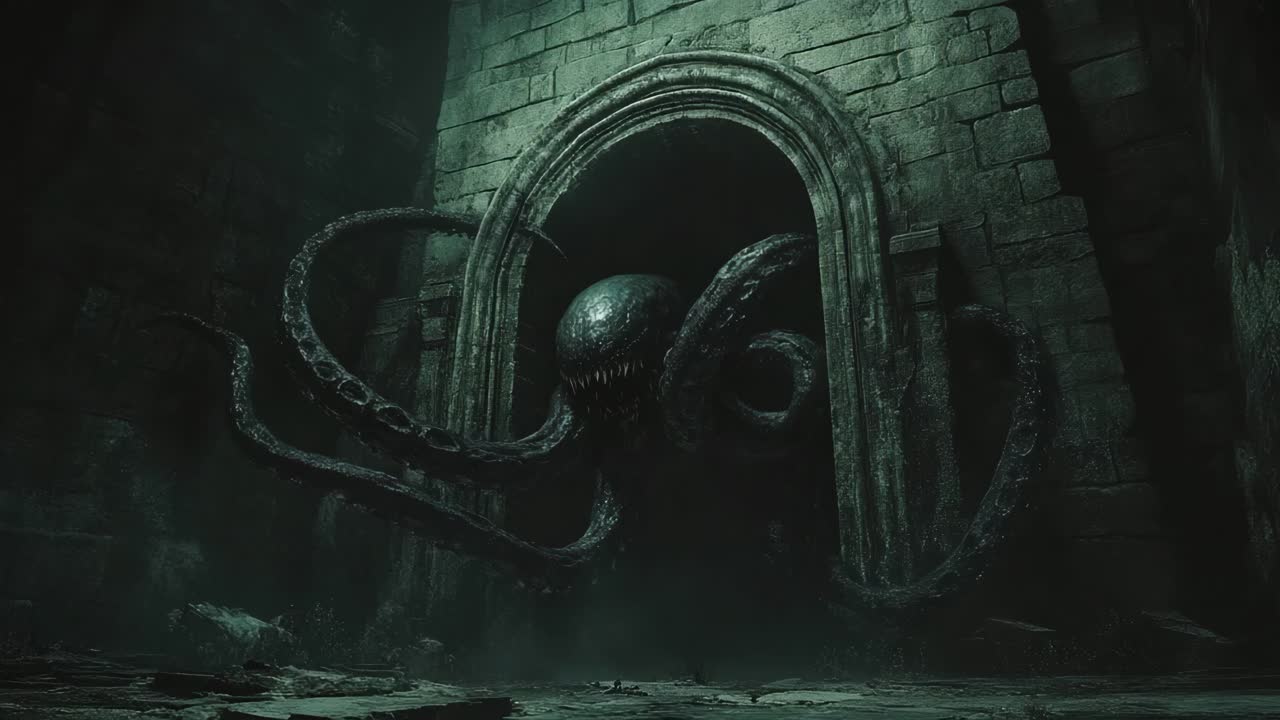 Dark Monster Emerging from Ancient Archway