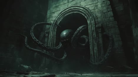 dark monster emerging from ancient archway