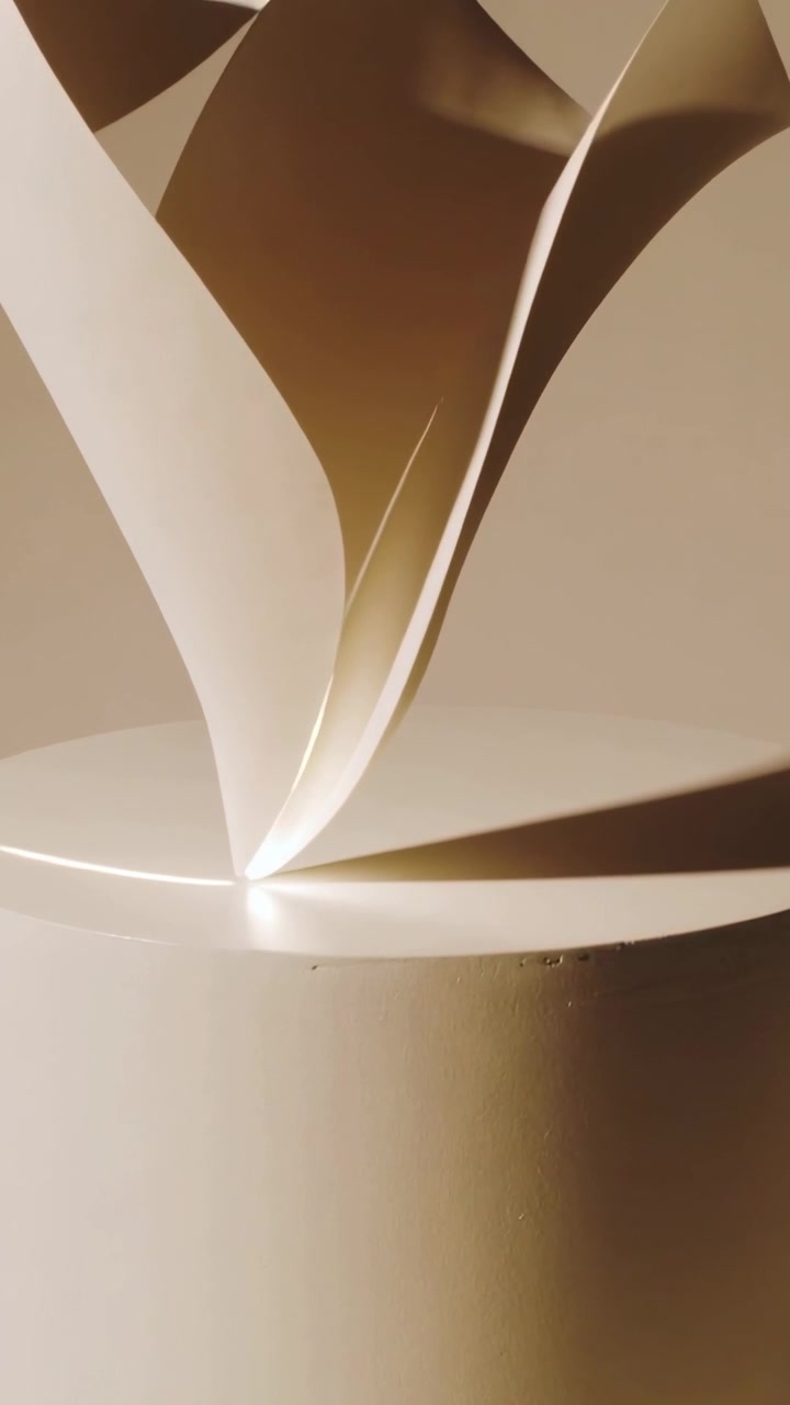 Video verticale: Una punta luminosa che spinge petali bianchi a cadere, incontrando un piedistallo e formando un fiore in studio.