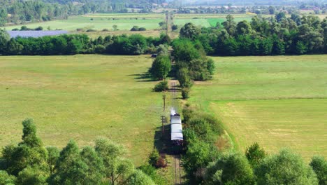 A cinematic aerial drone shot reveals a historic train as it emerges from a forest. The passenger train begins a scenic journey down a long, straight, tree-lined track