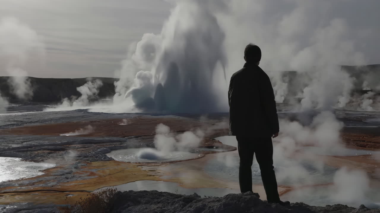 Man standing near geothermal area with geysers