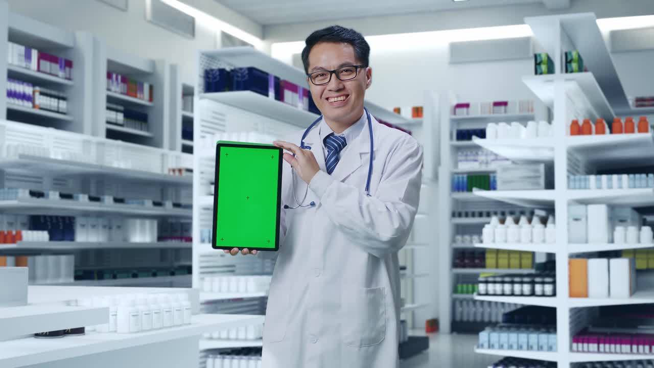 스테토스코프를 들고 있는 아시아 남성 의사 가 약국 에 서 있을 때 미소 짓고 녹색 화면 태블릿 을 보여 준다