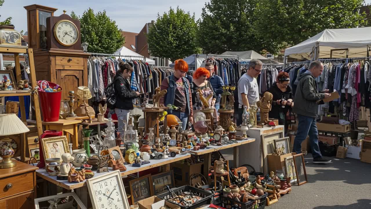 A Vibrant Flea Market Featuring Unique Antiques and Lively Shoppers Amidst Stalls Overflowing with Vintage Treasures and Nostalgic Items