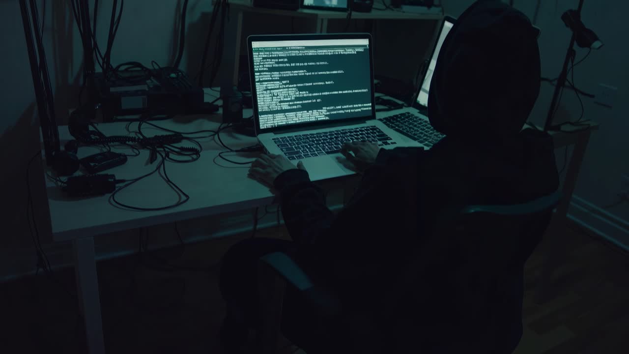 A dimly lit room with tangled wires and laptops displaying code