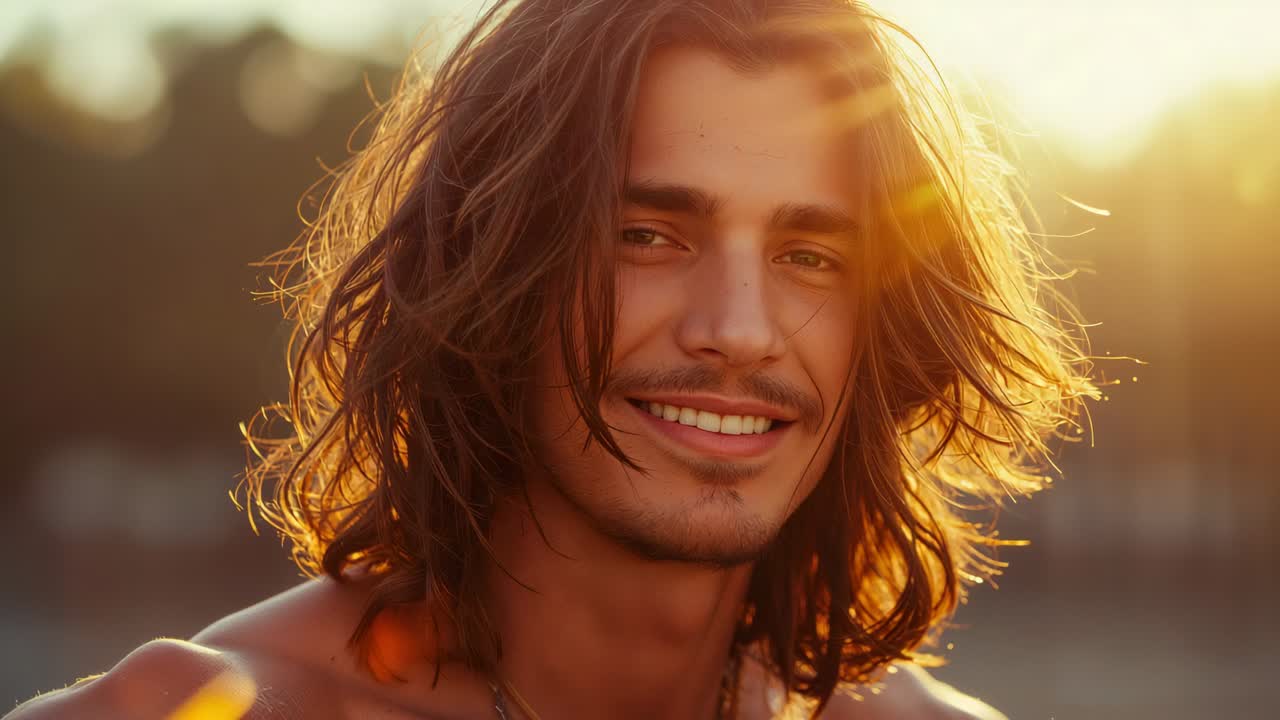 Smilende mand uden trøje poserer, mens kameraet optager ved kystlinjen og viser halskæde og lens flare