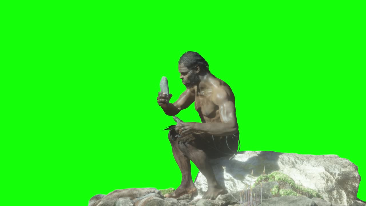 초록색 배경에 돌로 된 고대 원시 동굴 사람이 3d 루프를 렌더링합니다.