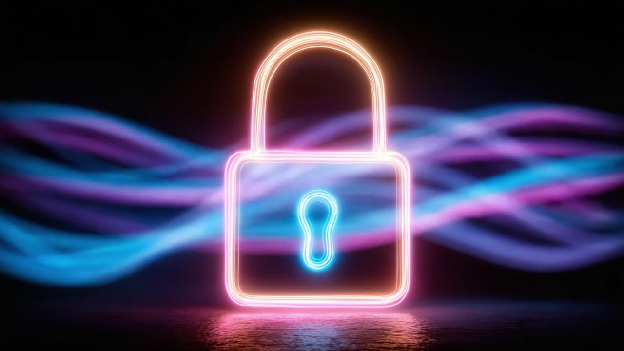 Illuminated Lock Symbol with Flowing Light Trails: A Stunning Visual Representation of Security and Protection in a Contemporary Digital Age