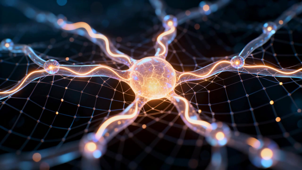 Emettendo un impulso morbido, un nucleo centrale invia un'onda luminosa lungo le braccia attraverso una rete per energizzare i nodi.
