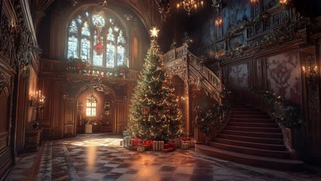 christmas decorated grand hall in a historic mansion
