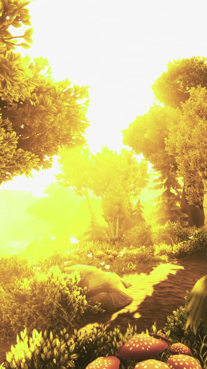 Golden sunlight illuminates a tranquil forest path enriched with greenery